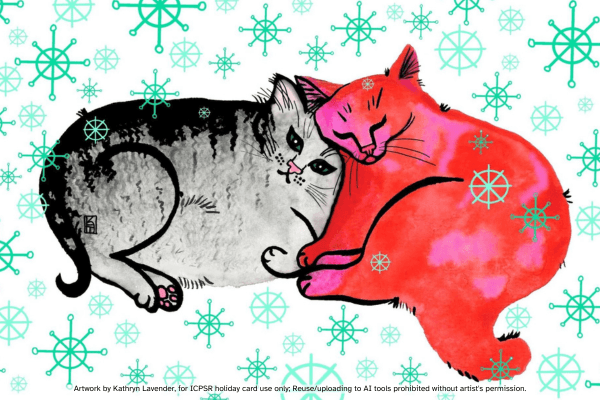 Two multicolored cats snuggle as green snowflakes come down around them