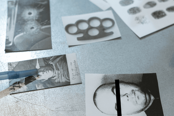 Pictures related to a crime scene are laid out on a table.